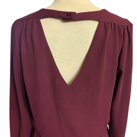 Cache Burgundy Wrap V Neck Back Long Sleeves Elastic Waist Mini Dress Sz S - Picture 4 of 12